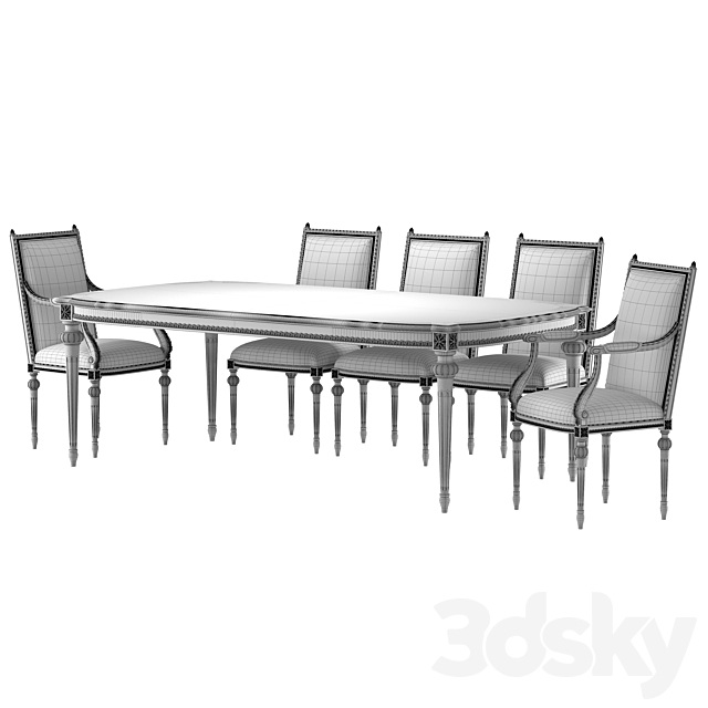 Bản vẽ 3D bộ bàn ghế ăn cổ điển Louis kiểu Ý