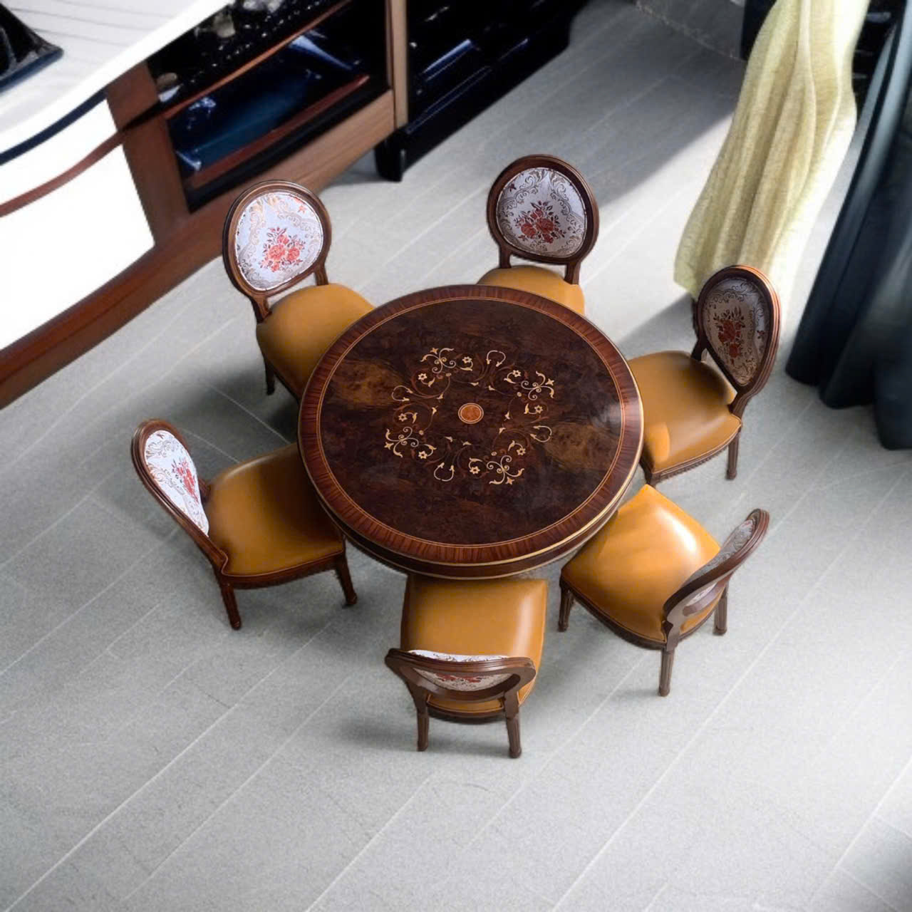 bộ bàn ăn tròn bằng gỗ phong cách cổ điển Châu Âu