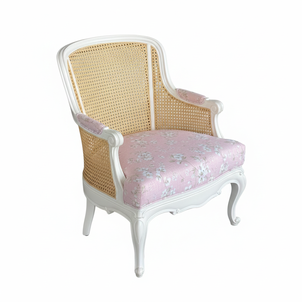 Ghê armchair cao cấp tân cổ điển Pháp tựa lưng đan mây